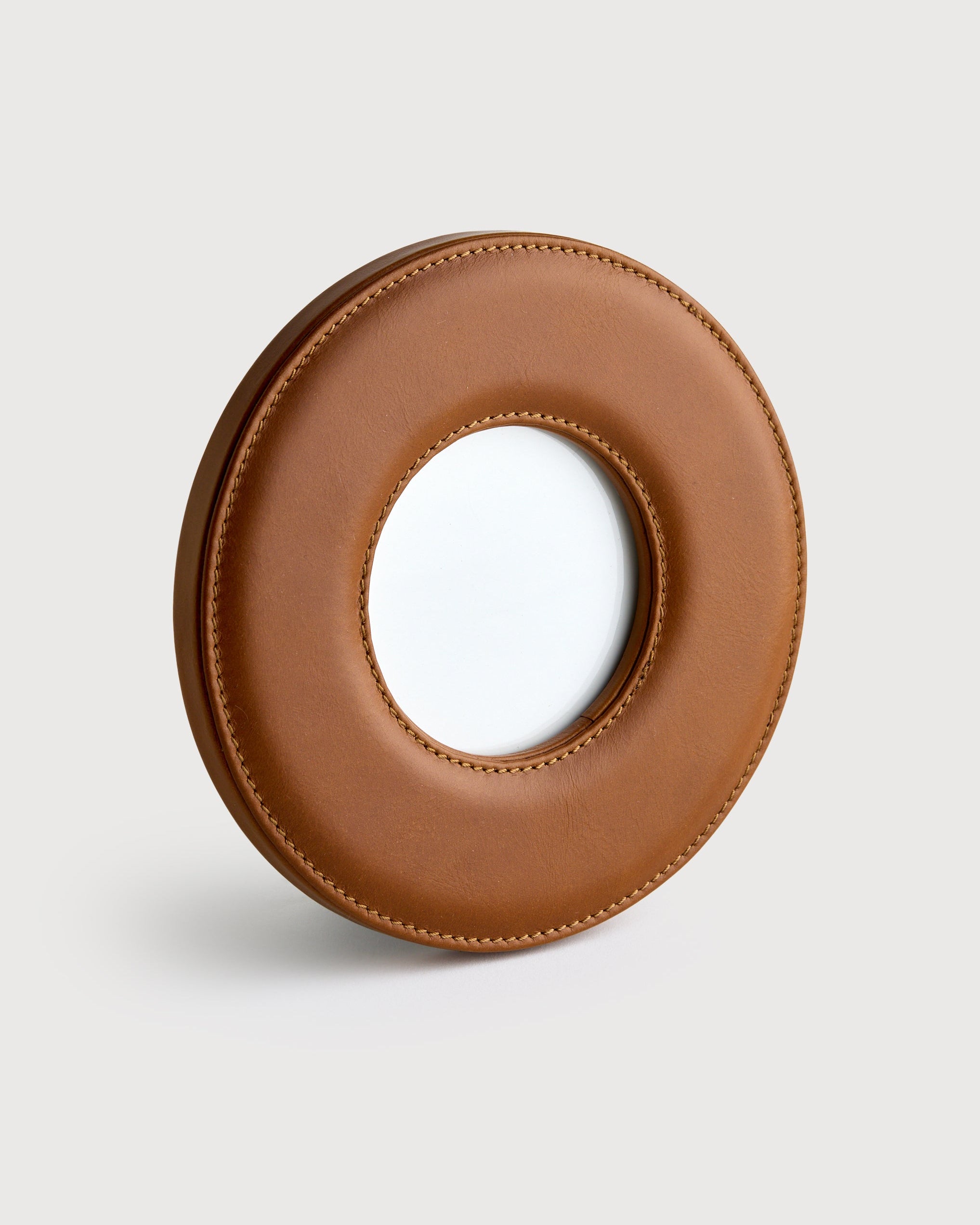 Brown leather photo frame light grey background