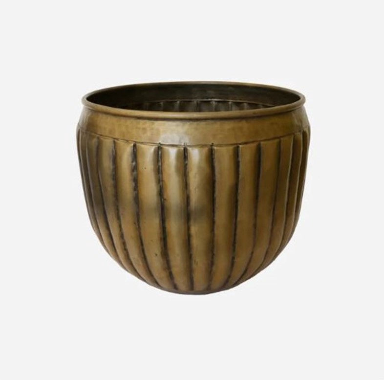 Brass Marbella planter in large size with lush green plants, stylish decorative piece by CC Interiors for indoor or outdoor use.