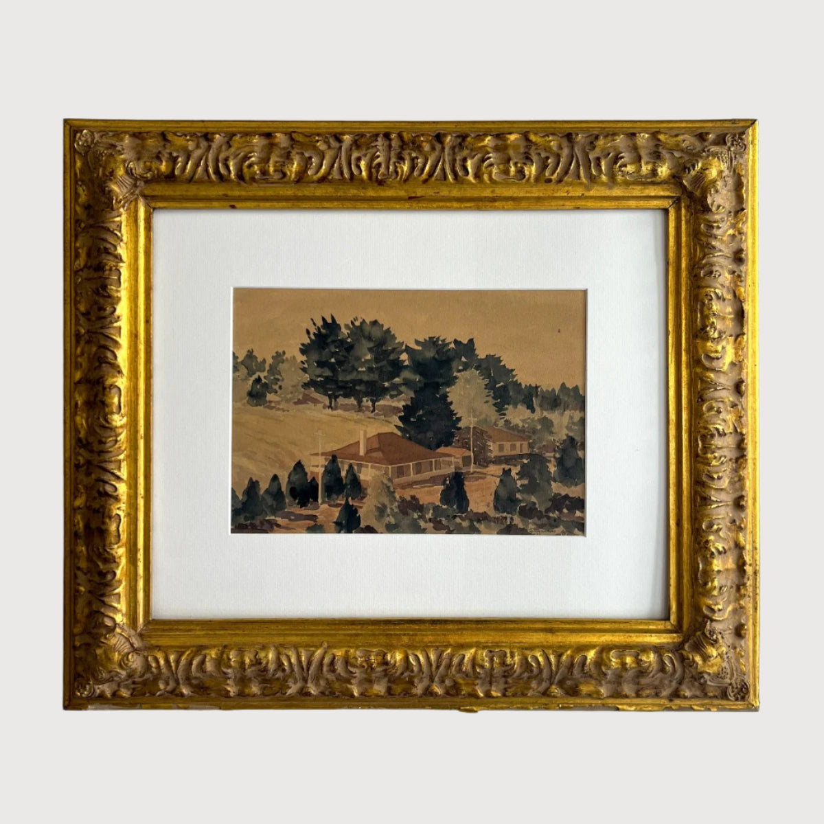 A watercolor painting titled 'Residential Scene, 1927' by DARYL LINDSAY, framed in an elegant gold frame, depicting an Australian suburbian landscape.