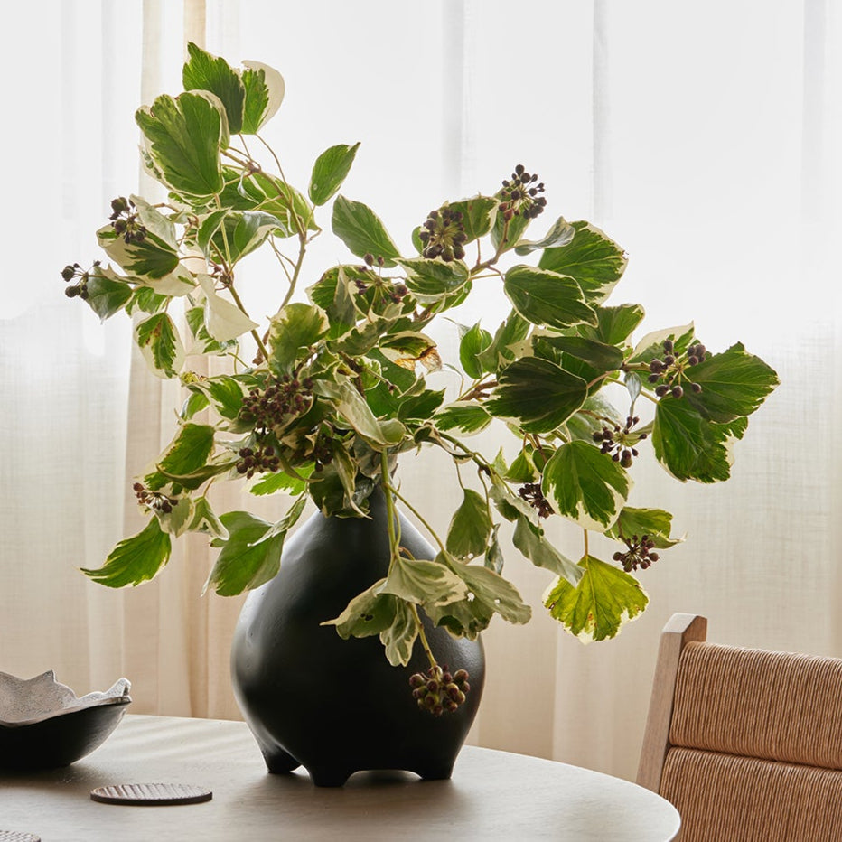 Black vase with green leaves on a table against a white curtain background