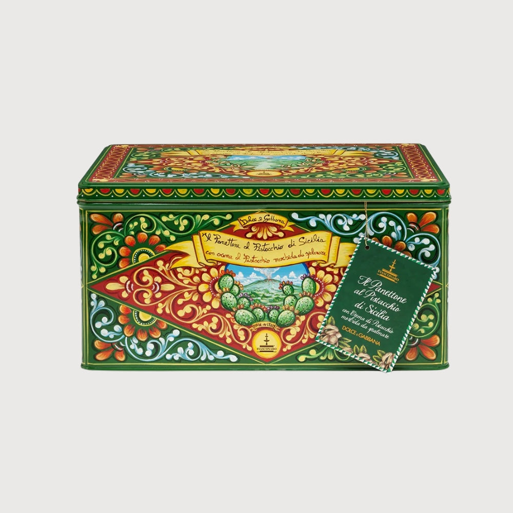 Panettone: Dolce & Gabbana Tin Sicilian Pistachio w pistachio spread