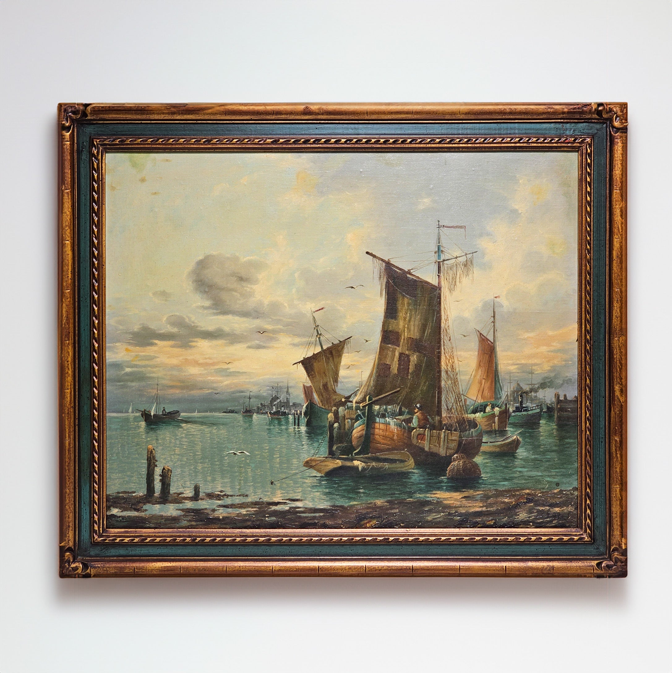 Fishing Boats in the Harbour, Vintage Oil Painting