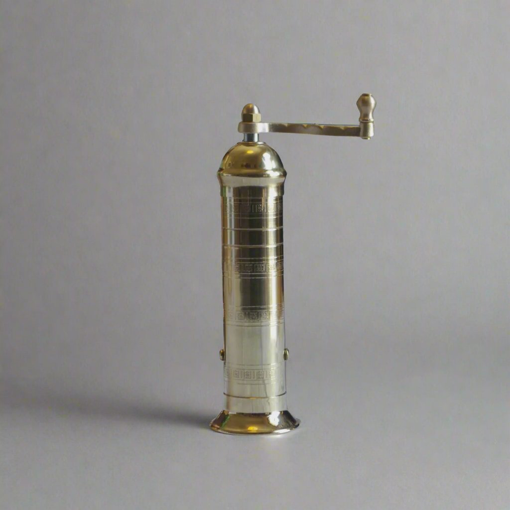 Brass pepper mill by Alexander Mills, tableware, featuring a polished finish and classic design for seasoning at the table.